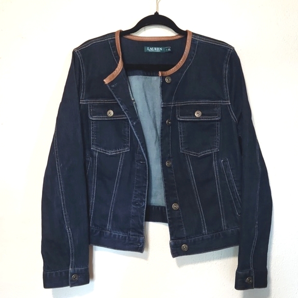 Ralph Lauren Dark Blue Denim Jacket Leather Trim Collar Large - Picture 3 of 13